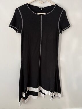 Lisa Todd XS Black Pima Cotton Asymmetrical Hem Swing Dress Contrast Stitch*D19